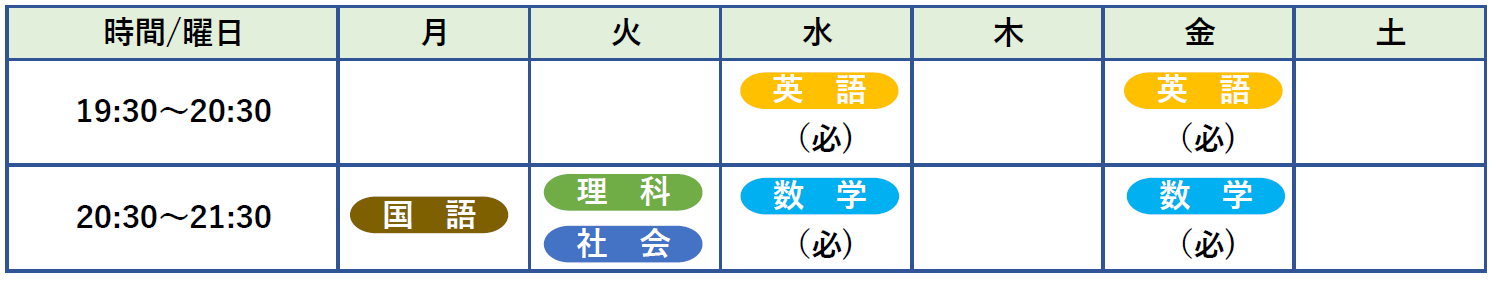 中学2年生　時間割